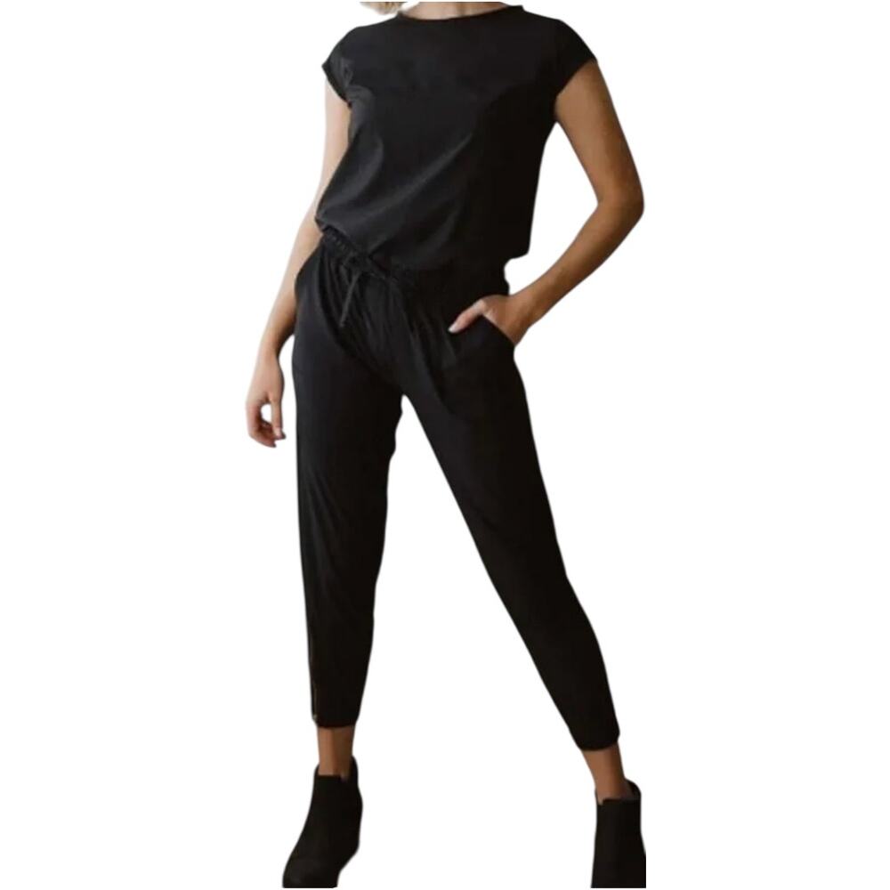 Albion Jetsetter Jumpsuit Short Cap Sleeve Drawstring Zip Taper Pockets Black XS
